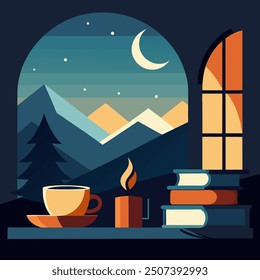 Cozy fireplace scene with tea