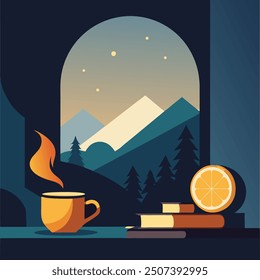 Cozy fireplace scene with tea