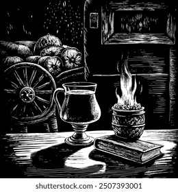 Cozy fireplace scene with tea