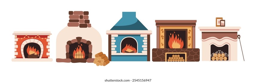 Chimeneas acogedoras con llamas de color plano conjunto de objetos vectoriales. Estufas de Antiguas de diferente diseño para casas ilustraciones Paquete en blanco