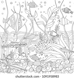 cozy fish tank with seaweed and rock stones for your coloring book