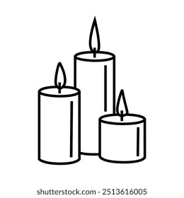 Cómodo icono de línea de velas flameantes aislado sobre fondo blanco.