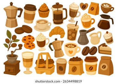 Cozy flat cartoon coffee collection, includes drinks, cups, beans, desserts, equipment, and decor elements.