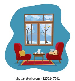 Cozy flat concept home Living room interior. Red soft armchairs with table and sleeping pets in room with large window. Outside winter snowy nature with trees. Flat cartoon vector illustration