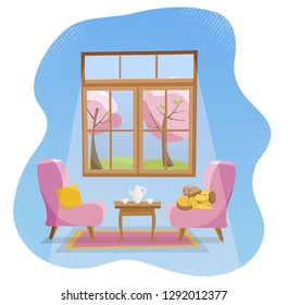 Cozy flat concept home Living room interior. Pink soft armchairs with table and sleeping pets in room with large window.Outside spring sunny nature with blooming trees.Flat cartoon vector illustration