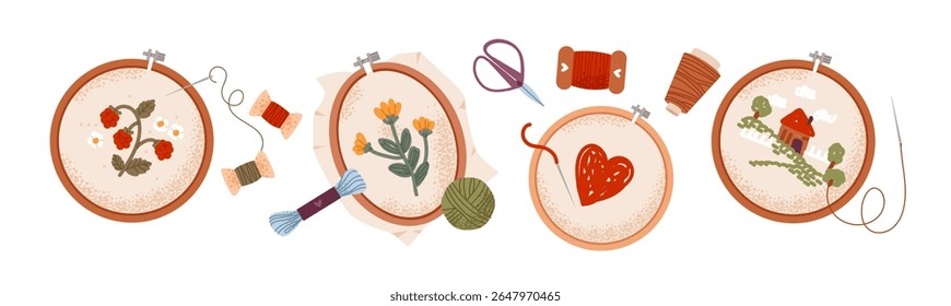 Cozy flat illustration of handmade embroidery tools. Yarn, hoop, thread, and cross-stitch elements. Needlework and handcrafts.