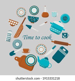 Cozy flat kitchen utensils illustrations. Kitchenware cooking objects, equipment for cooking, cups, dishes, bowls, knives, cutlery, pots. Stock vector illustration, eps 10