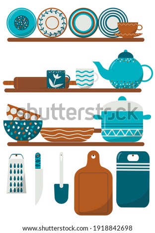 Cozy flat kitchen utensils illustrations. Kitchenware cooking objects, equipment for cooking, cups, dishes, bowls, knives, cutlery, pots. Stock vector illustration, eps 10