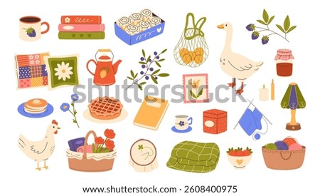 Cozy flat stickers for scrapbooking and diary. Cottagecore concept. Cinnabons, flowers, quilted pillows, books, cherry pie, handmade, goose, chicken, embroidery, knitting, blueberry, jam.