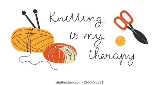 Cozy Flat Style Banner Knitting Is My Therapy Lettering with Yarn Needles and Scissors