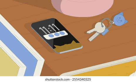 A cozy flat vector illustration of daily essentials on a wooden desk, featuring books, a smartphone, keys with a cat keychain, and soft shadows. Perfect for lifestyle and productivity themes.