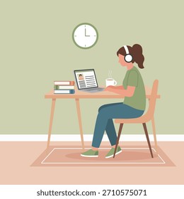 Una acogedora Ilustración vectorial plana que representa a una estudiante o profesional que trabaja y estudia a distancia desde casa. Ella está sentada en un escritorio de madera con una computadora portátil que muestra una 'Clase en línea', con