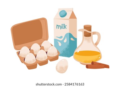 A cozy flat vector illustration of homemade baking ingredients, eggs, milk, and cinnamon.