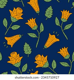 Cozy flowers seamless pattern. Textured doodle style botanical seamless background with tulip, rose, bluebell, leaf. Repeat vector illustration