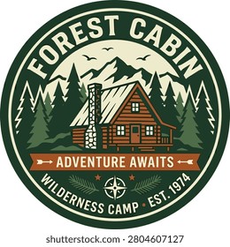 Cozy forest cabin surrounded by mountains, inviting adventure in a serene wilderness camp