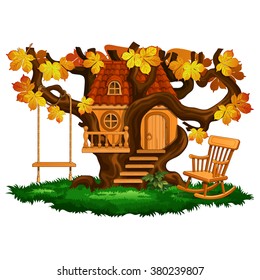 Cozy forest hut in the old tree isolated on white background. The fabulous tree in the Park. Landscaping and wildlife. Vector cartoon close-up illustration.