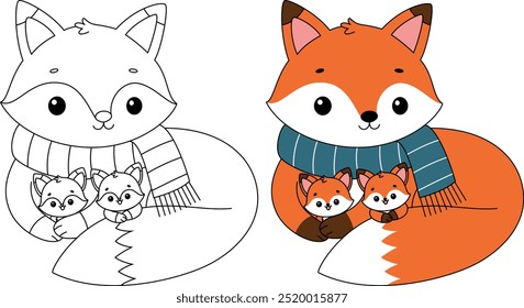 Cozy fox den cartoon coloring page. Christmas and Winter Illustration 