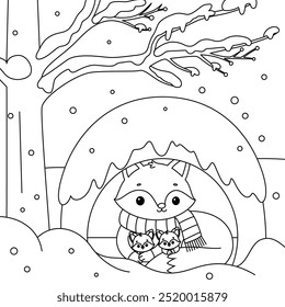 Cozy fox den with foxes peeking out cartoon coloring page. Christmas and Winter Illustration 