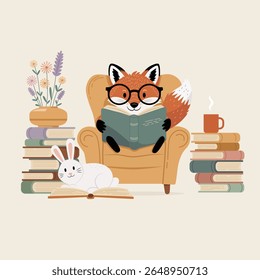 Cozy Fox Reading books With Bunny