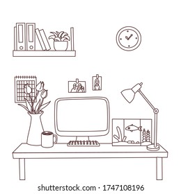 Cozy freelancer workplace, hand drawn. desk, computer, goldfish, tea cup.Line drawing. vector illustration