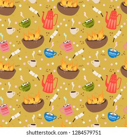 Cozy and fun outdoor time hand drawn vector seamless pattern. Hot chocolate, campfire, marshmallows and hot drinks at the camp. Travel flat style wrapping paper, textile or blog wallpaper.