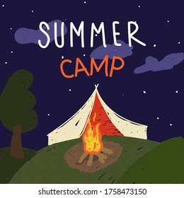 Cozy and fun summer camp hand drawn vector seamless pattern. Travel flat style wrapping paper, textile or blog wallpaper.