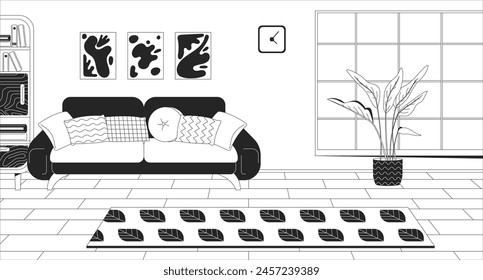 Cozy furnished living room black and white line illustration. Furniture arrangement in house. Elegant home interior 2D interior monochrome background. Domestic life outline scene vector image