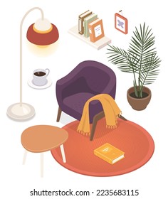 Cozy furniture - modern vector colorful isometric illustration. An easy chair with warm plaids, fleecy carpet and small table, cup of coffee. Bookshelf, houseplant and floor lamp, home decor idea