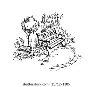 Cozy garden corner. Bench. Vector sketch