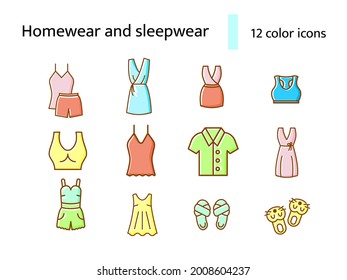 Cozy garment color flat icons set. Comfortable homewear and sleepwear. Bathrobe, domestic dress. Slippers, sleep mask. Nightshirt and nightie, pajama. Isolated vector stock illustration