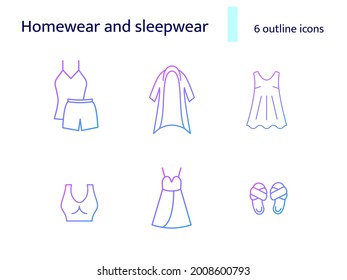 Cozy garment outline icons set. Comfortable homewear and sleepwear. Cardigan, sports bra. Purple gradient symbol. Isolated vector stock illustration