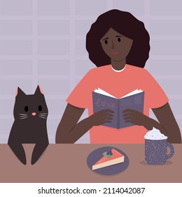 Cozy gatherings in the kitchen with coffee and cake. A young African-American woman reads a book in the company of her cat. Flat vector illustration