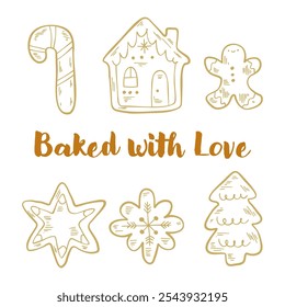 Cozy gingerbread illustration, perfect for printing on postcards, posters, and holiday decor. Gingerbread cookie hand-drawn illustration. Gingerbread man, house, snowflake, Christmas tree and star