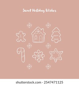 Cozy gingerbread illustration, perfect for printing on postcards, posters, and holiday decor. Gingerbread cookie hand-drawn illustration. Gingerbread man, house, snowflake, Christmas tree and star