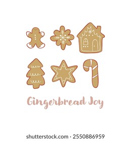 Cozy gingerbread illustration, perfect for printing on postcards, posters, and holiday decor. Gingerbread cookie hand-drawn illustration. Gingerbread man, house, snowflake, Christmas tree and star