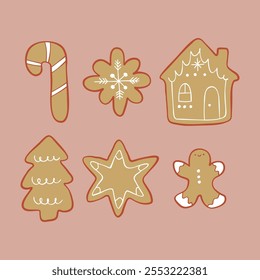 Cozy gingerbread illustration, perfect for printing on postcards, posters, and holiday decor. Gingerbread cookie hand-drawn illustration. Gingerbread man, house, snowflake, christmas tree and star