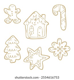 Cozy gingerbread illustration, perfect for printing on postcards, posters, and holiday decor. Gingerbread cookie hand-drawn illustration. Gingerbread man, house, snowflake, christmas tree and star