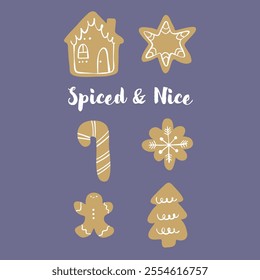 Cozy gingerbread illustration, perfect for printing on postcards, posters, and holiday decor. Gingerbread cookie hand-drawn illustration. Gingerbread man, house, snowflake, christmas tree and star