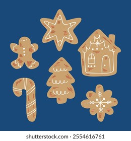 Cozy gingerbread illustration, perfect for printing on postcards, posters, and holiday decor. Gingerbread cookie hand-drawn illustration. Gingerbread man, house, snowflake, christmas tree and star