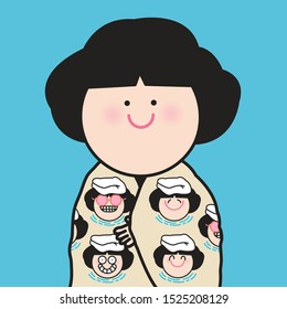 Cozy Girl Covered Herself In Blanket With Girls And Towel On Head Enjoy The Hot Springs Print In Winter Concept Card Character illustration
