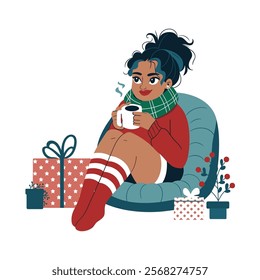 a cozy girl and tea in christmas Illustration