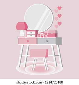 Cozy girl's pink color night dressing table interior background with mirror, creams, parfume bottle, chair, casket in flat style. Vector illustration.