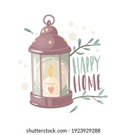 Cozy glowing lantern. Burning candle in lamp, beauty light with green twigs and leaves all around. Vector concept