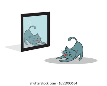 A cozy gray cat with a raised tail, a protruding red tongue and a cute mustache stretches in front of a mirror, where you can see his reflection