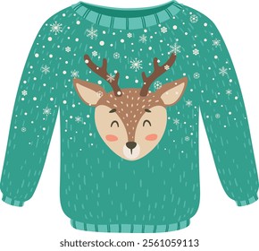 Cozy green Christmas sweater featuring a charming reindeer face surrounded by playful snowflakes, creating a delightful look for festive celebrations and joyful winter holidays