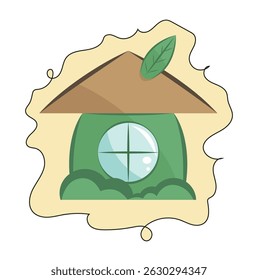 A cozy green forest house with a leaf on the roof, symbolizing eco-friendliness, surrounded by bushes and framed like a sticker.