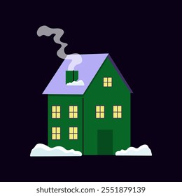 Cozy green house in winter with smoke rising from the chimney against a dark night sky