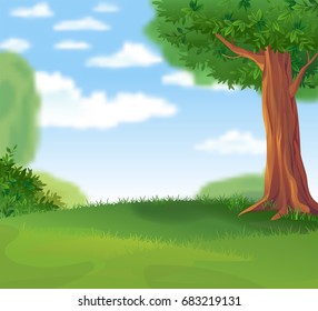 Cozy green lawn under a shady tree in the summer sunny day, vector illustration