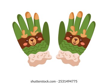 Acogedores guantes verdes decorados con caras de reno objeto de Vector de color plano. Divertida ropa de mano de los niños para la ilustración de la estación fría en blanco