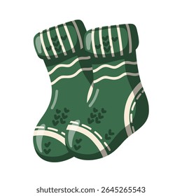 Meias de lã verde acolhedor com textura de malha. Acessório quente de outono e inverno. Ilustração isolada de vetor de desenhos animados 